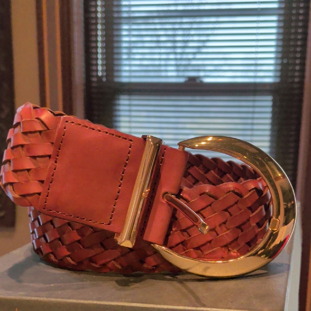 Unused $198 B-Low the Belt Gold and Brown Woven Belt
